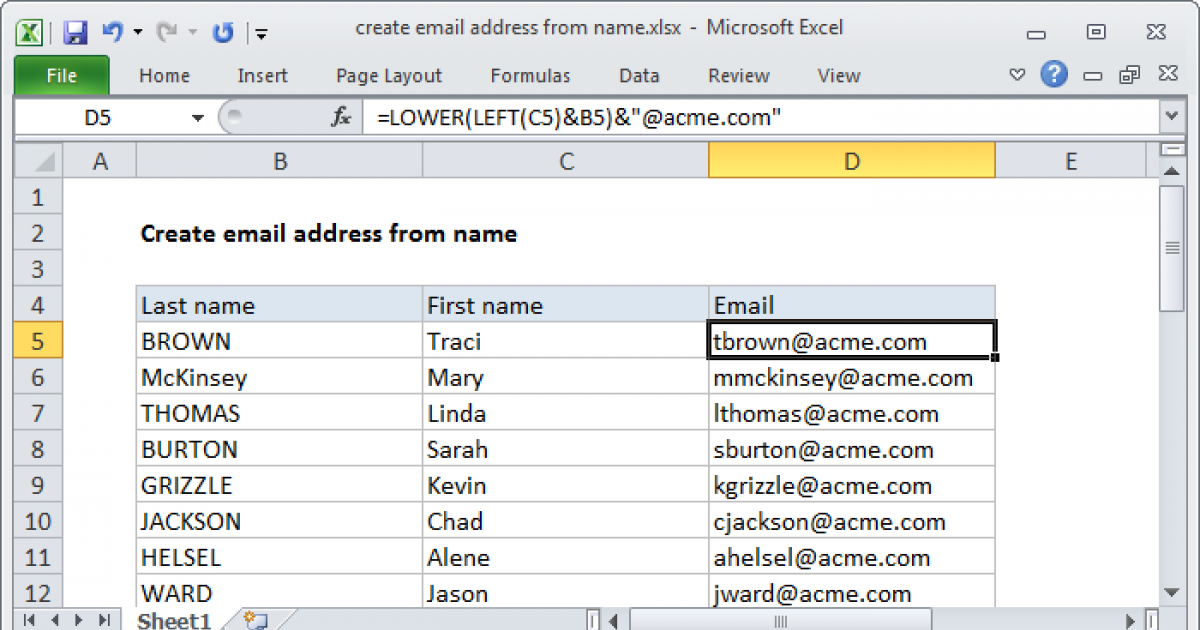 Create email address from name Excel formula Exceljet